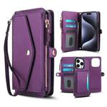 For iPhone 12 Pro Max Multifunctional Wallet Detachable Leather Phone Case with Lanyard(Dark Purple)