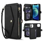 For iPhone 12 mini Multifunctional Wallet Detachable Leather Phone Case with Lanyard(Black)