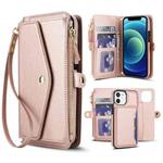 For iPhone 12 mini Multifunctional Wallet Detachable Leather Phone Case with Lanyard(Rose Gold)