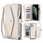 For iPhone 11 Pro Max Multifunctional Wallet Detachable Leather Phone Case with Lanyard(White)