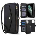 For iPhone 11 Pro Max Multifunctional Wallet Detachable Leather Phone Case with Lanyard(Black)