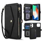 For iPhone 11 Multifunctional Wallet Detachable Leather Phone Case with Lanyard(Black)