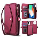 For iPhone 11 Multifunctional Wallet Detachable Leather Phone Case with Lanyard(Red)