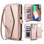For iPhone 11 Multifunctional Wallet Detachable Leather Phone Case with Lanyard(Rose Gold)