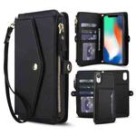 For iPhone XR Multifunctional Wallet Detachable Leather Phone Case with Lanyard(Black)