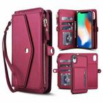 For iPhone XR Multifunctional Wallet Detachable Leather Phone Case with Lanyard(Red)