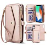 For iPhone XR Multifunctional Wallet Detachable Leather Phone Case with Lanyard(Rose Gold)