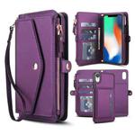 For iPhone XR Multifunctional Wallet Detachable Leather Phone Case with Lanyard(Dark Purple)