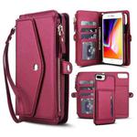 For iPhone 8 Plus Multifunctional Wallet Detachable Leather Phone Case with Lanyard(Red)