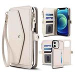 For iPhone 12 Multifunctional Wallet Detachable Leather Phone Case with Lanyard(White)