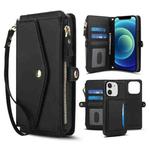 For iPhone 12 Multifunctional Wallet Detachable Leather Phone Case with Lanyard(Black)