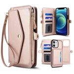 For iPhone 12 Multifunctional Wallet Detachable Leather Phone Case with Lanyard(Rose Gold)