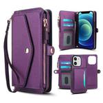 For iPhone 12 Multifunctional Wallet Detachable Leather Phone Case with Lanyard(Dark Purple)