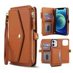 For iPhone 12 Multifunctional Wallet Detachable Leather Phone Case with Lanyard(Brown)