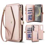 For Samsung Galaxy S24 FE 5G Multifunctional Wallet Detachable Leather Phone Case with Lanyard(Rose Gold)