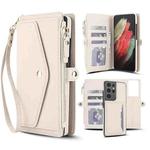 For Samsung Galaxy S21 Ultra 5G Multifunctional Wallet Detachable Leather Phone Case with Lanyard(White)