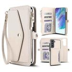 For Samsung Galaxy S21 FE 5G Multifunctional Wallet Detachable Leather Phone Case with Lanyard(White)