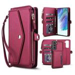 For Samsung Galaxy S21 FE 5G Multifunctional Wallet Detachable Leather Phone Case with Lanyard(Red)
