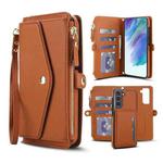 For Samsung Galaxy S21 FE 5G Multifunctional Wallet Detachable Leather Phone Case with Lanyard(Brown)