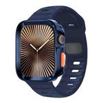 For Apple Watch Series 10 46mm Wave Texture Reverse Buckle Silicone Watch Band with TPU Case(Dark Blue)