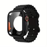 For Apple Watch Series 45mm Butterfly Buckle Ocean Silicone Watch Band with Film Integrated PC Case(Black)