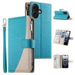 For iPhone 16 Stitching Multi-card Zipper Wallet Leather Phone Case with Short Strap(Blue)