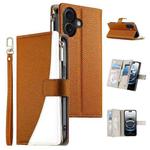 For iPhone 16 Stitching Multi-card Zipper Wallet Leather Phone Case with Short Strap(Brown)