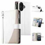 For iPhone 16 Stitching Multi-card Zipper Wallet Leather Phone Case with Short Strap(White)