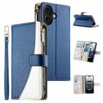 For iPhone 16 Stitching Multi-card Zipper Wallet Leather Phone Case with Short Strap(Dark Blue)