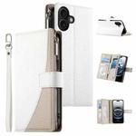 For iPhone 16 Plus Stitching Multi-card Zipper Wallet Leather Phone Case with Short Strap(White)