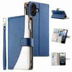 For iPhone 16 Plus Stitching Multi-card Zipper Wallet Leather Phone Case with Short Strap(Dark Blue)