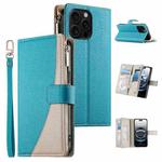 For iPhone 16 Pro Max Stitching Multi-card Zipper Wallet Leather Phone Case with Short Strap(Blue)