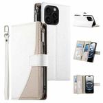 For iPhone 16 Pro Max Stitching Multi-card Zipper Wallet Leather Phone Case with Short Strap(White)