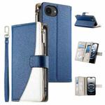 For iPhone 16e Stitching Multi-card Zipper Wallet Leather Phone Case with Short Strap(Dark Blue)