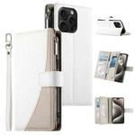 For iPhone 15 Pro Max Stitching Multi-card Zipper Wallet Leather Phone Case with Short Strap(White)