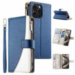 For iPhone 15 Pro Max Stitching Multi-card Zipper Wallet Leather Phone Case with Short Strap(Dark Blue)