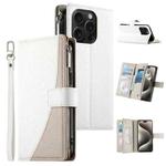 For iPhone 15 Pro Stitching Multi-card Zipper Wallet Leather Phone Case with Short Strap(White)