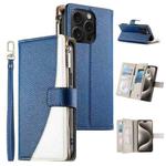 For iPhone 15 Pro Stitching Multi-card Zipper Wallet Leather Phone Case with Short Strap(Dark Blue)