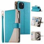 For iPhone 15 Plus Stitching Multi-card Zipper Wallet Leather Phone Case with Short Strap(Blue)