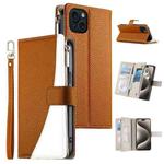 For iPhone 15 Plus Stitching Multi-card Zipper Wallet Leather Phone Case with Short Strap(Brown)
