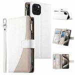 For iPhone 15 Plus Stitching Multi-card Zipper Wallet Leather Phone Case with Short Strap(White)