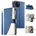 For iPhone 15 Plus Stitching Multi-card Zipper Wallet Leather Phone Case with Short Strap(Dark Blue)