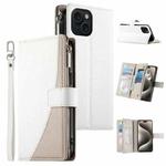 For iPhone 15 Stitching Multi-card Zipper Wallet Leather Phone Case with Short Strap(White)