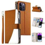 For iPhone 14 Pro Max Stitching Multi-card Zipper Wallet Leather Phone Case with Short Strap(Brown)