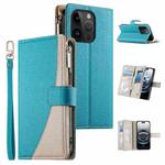 For iPhone 14 Pro Stitching Multi-card Zipper Wallet Leather Phone Case with Short Strap(Blue)