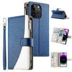 For iPhone 14 Pro Stitching Multi-card Zipper Wallet Leather Phone Case with Short Strap(Dark Blue)