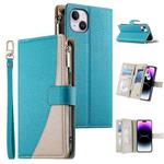 For iPhone 14 Plus Stitching Multi-card Zipper Wallet Leather Phone Case with Short Strap(Blue)