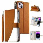 For iPhone 14 Plus Stitching Multi-card Zipper Wallet Leather Phone Case with Short Strap(Brown)