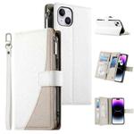 For iPhone 14 Plus Stitching Multi-card Zipper Wallet Leather Phone Case with Short Strap(White)