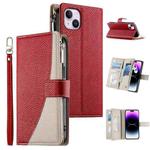 For iPhone 14 Plus Stitching Multi-card Zipper Wallet Leather Phone Case with Short Strap(Red)